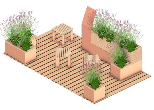 Exemple de place urbaine en bois avec des assises et des jardinières