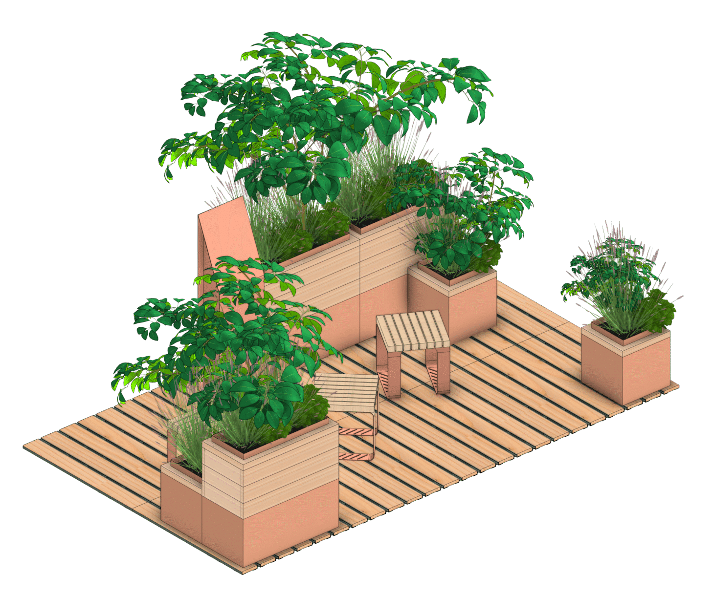 Mobilier urbain en bois et en métal avec des plantes. pour réduire les ilots de chaleur avec de la végétation
